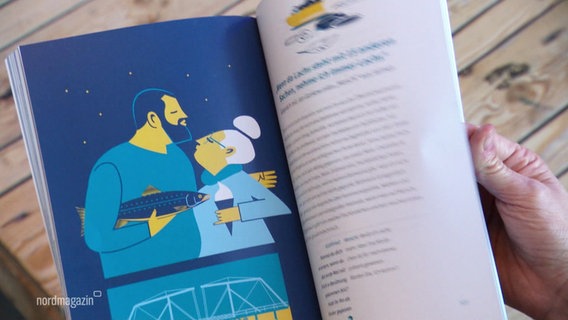Eine Hand hält ein aufgeschlagenes Buch in dem auf einer Seite eine Illustration eines Mannes mit einem Fisch unter dem Arm und einer ihn umarmenden Frau mit einem Eis in der Hand abgebildet ist. © Screenshot 