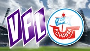 Die Logos des VfL und des FC Hansa, im Hintergrund ein Stadion © Screenshot 
