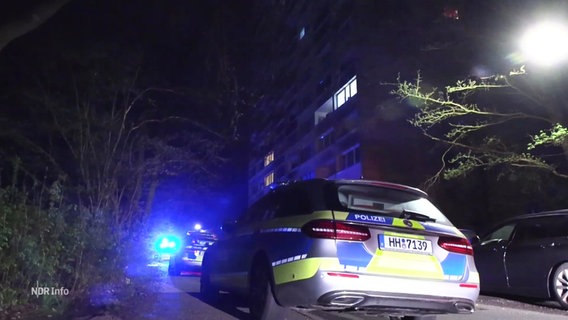 Ein Einsatzwagen der Poplizei steht bei Nacht am Straßenrand vor einem größeren Wohn-Hochhaus. © Screenshot 