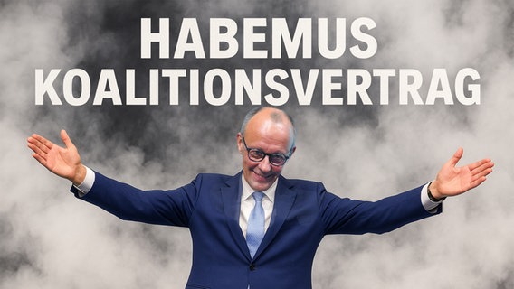 Habemus Koalitionsvertrag: Friedrich Merz mit ausgebreiteten Armen vor weißem Rauch. (extra 3 vom 24.04.2025 im Ersten)
(Bild hat KI-generierte Elemente) © NDR 