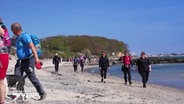 Bei einem Megamarsch gehen viele Wandernde an einem Ostseestrand entlang. © Screenshot 