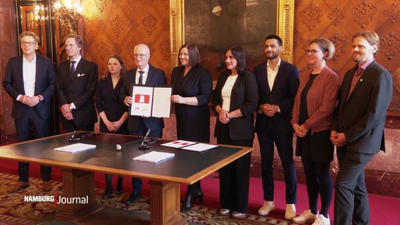Politker und Politikerinnen beim Gruppenfoto im Hamburger Rathaus. © Screenshot 
