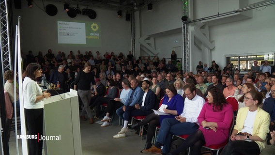 Mitglieder der Grünen sitzen beim Sonderparteitag in einer großen Halle. © Screenshot 