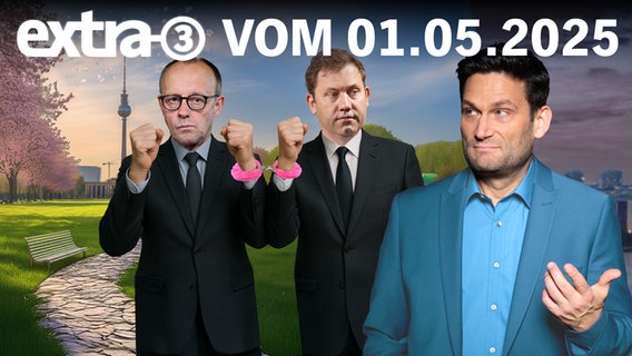 Titel der Sendung: Union & SPD: Zweckehe wider Willen. Friedrich Merz und Lars Klingbeil in Handschellen in einem frühlingshaften Ambiente in Berlin. Daneben Christian Ehring. (extra 3 vom 01.05.2025 im Ersten)
(Bild hat KI-generierte Elemente) © NDR 