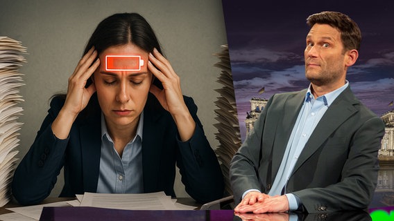 Eine überarbeitete Frau zwischen zwei Aktenstapeln. Daneben Christian Ehring. (extra 3 vom 01.05.2025 im Ersten)
(Bild hat KI-generierte Elemente) © NDR 