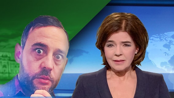 Ein Mann schaut erstaunt und überrascht. Daneben Susanne Daubner. Sheesh. (extra 3 vom 01.05.2025 im Ersten)
(Bild hat KI-generierte Elemente) © NDR 