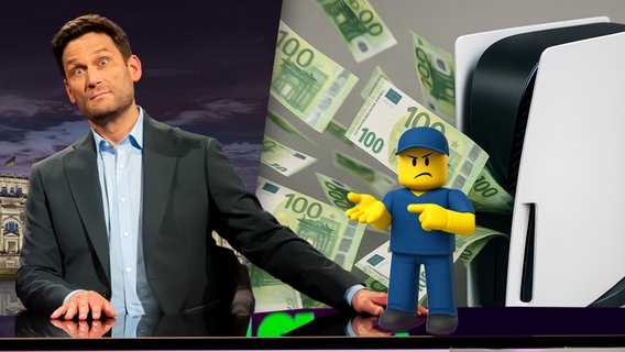 Eine geldsaugende Spielkonsole, davor eine Klemmbaustein-Figur mit einer fordernden Geste. Daneben Christian Ehring. (extra 3 vom 01.05.2025 im Ersten)
(Bild hat KI-generierte Elemente) © NDR 