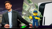 Eine geldsaugende Spielkonsole, davor eine Klemmbaustein-Figur mit einer fordernden Geste. Daneben Christian Ehring. (extra 3 vom 01.05.2025 im Ersten)
(Bild hat KI-generierte Elemente) © NDR 