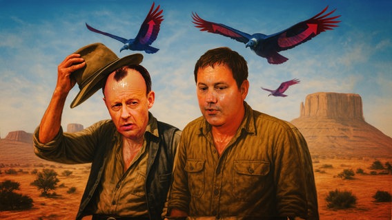 Titel der Sendung: Union & SPD: Zweckehe wider Willen. Friedrich Merz und Lars Klingbeil verschwitzt in Cowboy-Kluft in der Wüste, über ihnen kreisen AfD-Geier. (extra 3 vom 01.05.2025 im Ersten)
(Bild hat KI-generierte Elemente) © NDR 