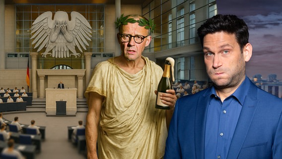 Titel der Sendung: Kanzler Merz: Veni, vidi, what?!. Friedrich Merz mit Lorbeerkranz auf dem Kopf, verschmutzter Toga und einer Flasche Schaumwein, in einer Art Forum Romanum mit Facepalm-Bundesadler. Daneben Christian Ehring. (extra 3 vom 08.05.2025 im Ersten)
(Bild hat KI-generierte Elemente) © NDR 