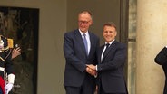 Friedrich Merz und Emmanuel Macron schütteln sich in Paris die Hände. © Screenshot 