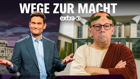 Titel der Sendung: Kanzler Merz: Veni, vidi, what?! Friedrich Merz als römischer Kaiser mit Olivenkranz, schaut unzufrieden. Daneben Christian Ehring. (extra 3 vom 08.05.2025 im Ersten)
(Bild hat KI-generierte Elemente) © NDR 