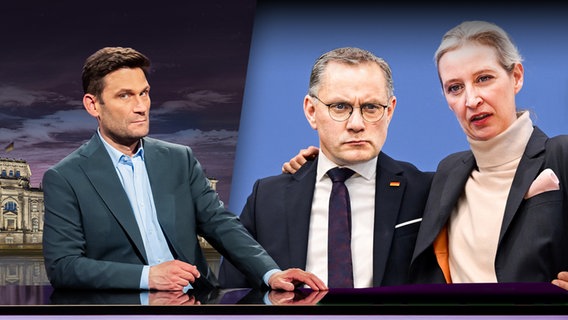 AfD-Spitzen Tino Chrupalla und Alice Weidel Arm in Arm. Daneben Christian Ehring. (extra 3 vom 08.05.2025 im Ersten)
(Bild hat KI-generierte Elemente) © NDR 