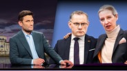 AfD-Spitzen Tino Chrupalla und Alice Weidel Arm in Arm. Daneben Christian Ehring. (extra 3 vom 08.05.2025 im Ersten)
(Bild hat KI-generierte Elemente) © NDR 