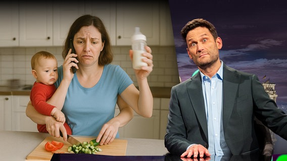 Überforderte Mutter mit vier Armen, zwei schneiden Gemüse, einer hält ein Telefon, der andere eine Babyflasche. Dazu ein Baby auf dem Arm. Daneben Christian Ehring. (extra 3 vom 08.05.2025 im Ersten)
(Bild hat KI-generierte Elemente) © NDR 