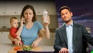 Überforderte Mutter mit vier Armen, zwei schneiden Gemüse, einer hält ein Telefon, der andere eine Babyflasche. Dazu ein Baby auf dem Arm. Daneben Christian Ehring. (extra 3 vom 08.05.2025 im Ersten)
(Bild hat KI-generierte Elemente) © NDR 