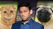 Christian Ehring zwischen einer Katze (Scottish Fold) und einem Hund (Mops). (extra 3 vom 08.05.2025 im Ersten)
(Bild hat KI-generierte Elemente) © NDR 