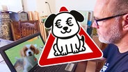 Ein Mann vor einem Laptop, auf dem ein Hund zu sehen ist. In der Mitte ein Straßenschild mit einem Hundepiktogramm (extra 3 vom 08.05.2025 im Ersten)
(Bild hat KI-generierte Elemente) © NDR 