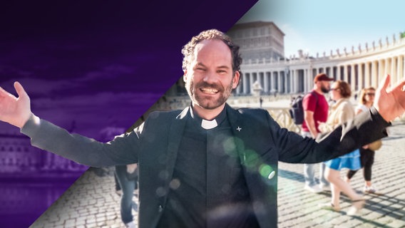 Maxi Schafroth lächelnd und mit ausgebreiteten Armen auf dem Petersplatz in Rom. (extra 3 vom 08.05.2025 im Ersten)
(Bild hat KI-generierte Elemente) © NDR 