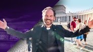 Maxi Schafroth lächelnd und mit ausgebreiteten Armen auf dem Petersplatz in Rom. (extra 3 vom 08.05.2025 im Ersten)
(Bild hat KI-generierte Elemente) © NDR 