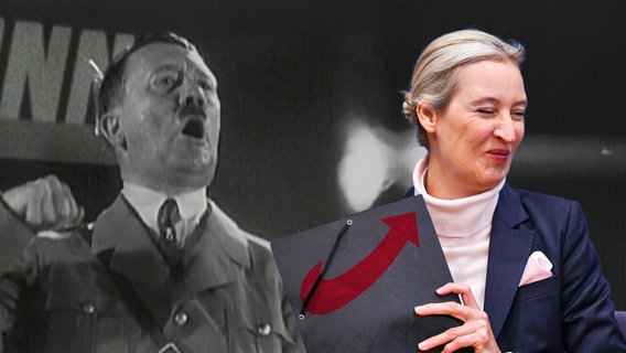 Alice Weidel grinst amüsiert. Daneben Screenshot von Adolf Hitler bei einer Rede. (extra 3 vom 08.05.2025 im Ersten)
(Bild hat KI-generierte Elemente) © NDR 