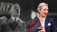 Alice Weidel grinst amüsiert. Daneben Screenshot von Adolf Hitler bei einer Rede. (extra 3 vom 08.05.2025 im Ersten)
(Bild hat KI-generierte Elemente) © NDR 