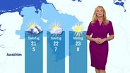 Eine Moderatorin steht vor einer Wettergrafik. © Screenshot 