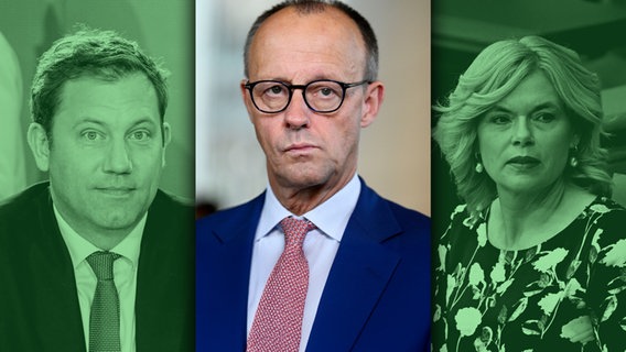 Bundeskanzler Friedrich Merz (CDU) zwischen Finanzminister Lars Klingbeil (SPD) und Bundestagspräsidentin Julia Klöckner (CDU). (extra 3 vom 08.05.2025 im Ersten)
(Bild hat KI-generierte Elemente) © NDR 