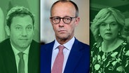 Bundeskanzler Friedrich Merz (CDU) zwischen Finanzminister Lars Klingbeil (SPD) und Bundestagspräsidentin Julia Klöckner (CDU). (extra 3 vom 08.05.2025 im Ersten)
(Bild hat KI-generierte Elemente) © NDR 