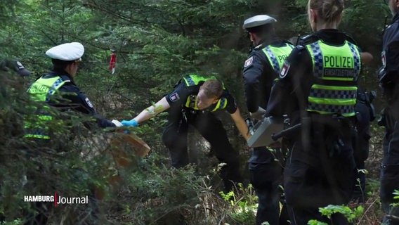 Beamte der Polizei sichern die Fundstelle einer Leiche im Wald. © Screenshot 