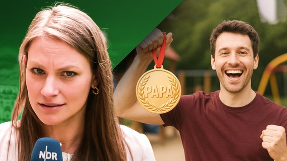 Ein junger Mann strahlt vor Freude und hält eine Medaille mit der Aufschrift "Papa" in die Kamera. Daneben Reporterin Céline Sonnenberg. (extra 3 vom 08.05.2025 im Ersten)
(Bild hat KI-generierte Elemente) © NDR 