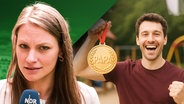 Ein junger Mann strahlt vor Freude und hält eine Medaille mit der Aufschrift "Papa" in die Kamera. Daneben Reporterin Céline Sonnenberg. (extra 3 vom 08.05.2025 im Ersten)
(Bild hat KI-generierte Elemente) © NDR 