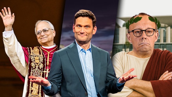 Titel der Sendung: Kanzler Merz: Veni, vidi, what?! Christian Ehring zwischen dem neuen Papst Leo XIV. und Friedrich Merz als römischer Kaiser mit Lorbeerkranz. (extra 3 vom 08.05.2025 im Ersten)
(Bild hat KI-generierte Elemente) © NDR 