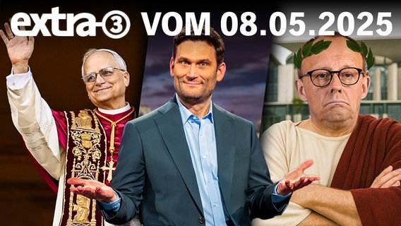 Titel der Sendung: Kanzler Merz: Veni, vidi, what?! Christian Ehring zwischen dem neuen Papst Leo XIV. und Friedrich Merz als römischer Kaiser mit Lorbeerkranz. (extra 3 vom 08.05.2025 im Ersten)
(Bild hat KI-generierte Elemente) © NDR 