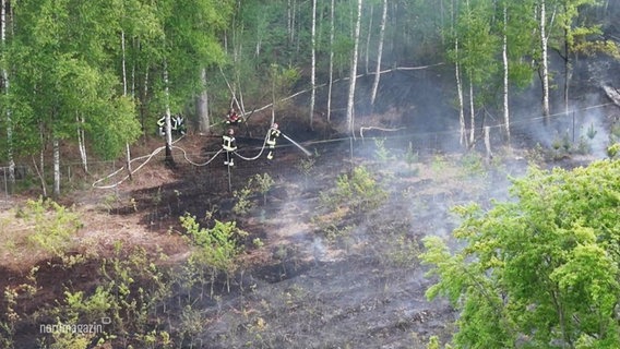 Zwei Feuerwehrmänenr löschen einen Brand, gefilmt von oben. © Screenshot 