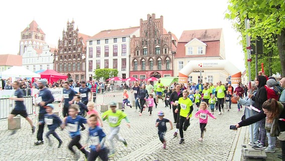 Kinder und erwachsene Läufer laufen durch Greifswald. © Screenshot 