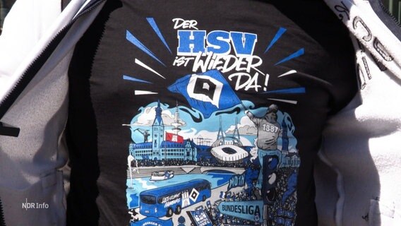 Auf einem T-Shirt steht: „Der HSV ist wieder da!“ © Screenshot 