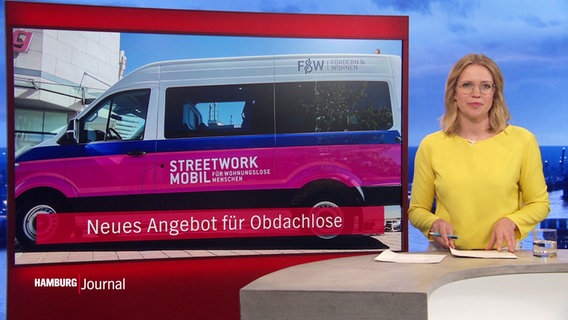 Moderatorin Merle van Rissenbeck, neben ihr ein Bild des neuen Streetwork Mobils und darunter der Titel "Neues Angebot für Obdachlose". © Screenshot 