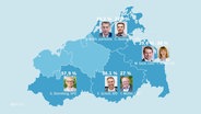 Landkarte von Mecklenburg-Vorpommern mit den einzelnen Landratswahlkreisen und den Kandidaten der Stichwahlen. © Screenshot 