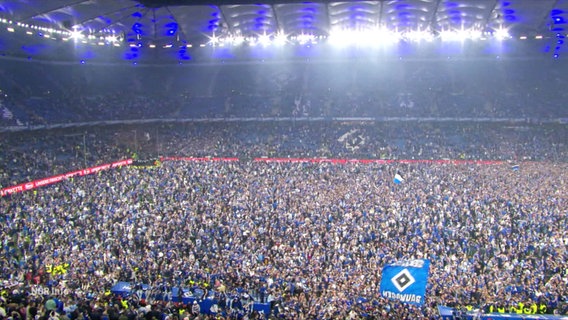 Das SPielfeld im Stadion wird geflutet von Fans des HSV. © Screenshot 