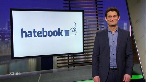 Statt "Facebook" sieht man nun das Logo von "Hatebook", dass statt einen Daumen einen Mittelfinger nach oben streckt.  