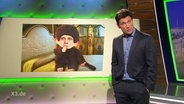 Christian Ehring, im Hintergrund Macron als Monchichi.  