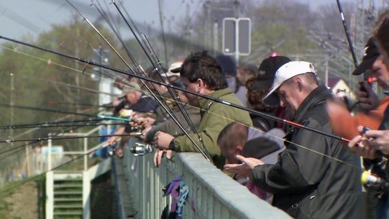 Szene aus "die nordstory Spezial": Angler stehen auf einer Brücke.  