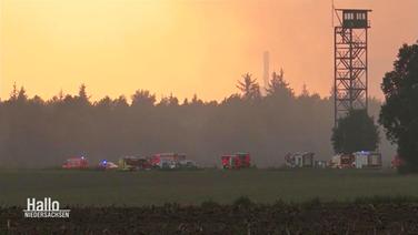 Einsatzfahrzeuge der Feuerwehr und des THW stehen neben einem Wald unweit des brennenden Moorgebiets bei Meppen.  