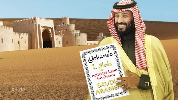 Eine Fotomontage zeigt einen saudischen Prinz mit einer Urkunde in der Hand auf der steht: "Nettestes Land im Orient".  