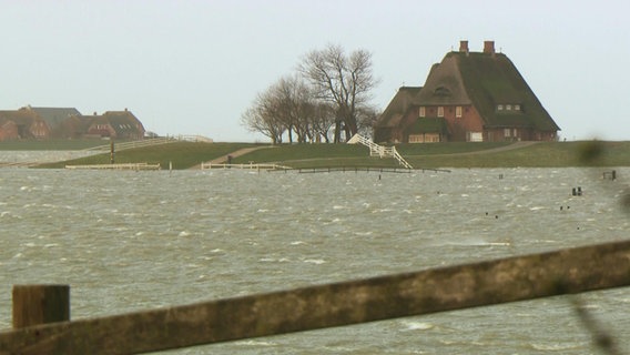 Ein Haus bei Hochwasser auf der Hallig Hooge.  