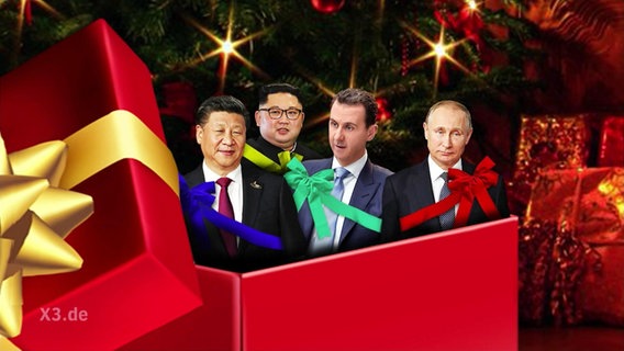 Bildmontage: Xi Jinping, Kim Jong-un, Baschar a Assad und Wladimir Putin verpackt in einem Weihnachtsgeschenk.  