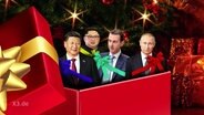 Bildmontage: Xi Jinping, Kim Jong-un, Baschar a Assad und Wladimir Putin verpackt in einem Weihnachtsgeschenk.  