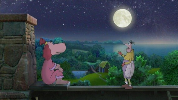 Im Animationsfilm "Lotte und das Geheimnis der Mondsteine" sitzen die Figuren Lotte und Jaak auf einer Mauer und betrachten den Mond.  