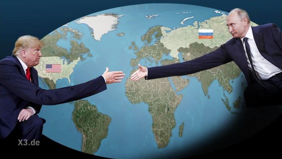 Darstellung: Trump und Putin geben sich mit lang gezogenen Armen die Hände.  